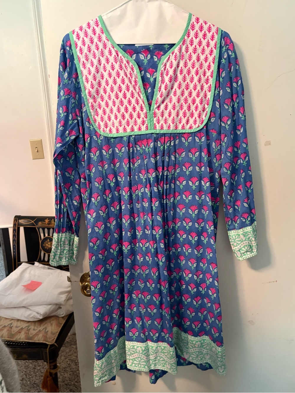 SZ Blockprints Blue Floral Long Sleeve Tunic Dress with Pink Bib